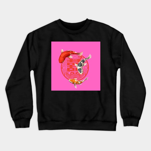 Double Happiness Koi Fish Hot Pink with Red Symbol - Hong Kong Retro Crewneck Sweatshirt by CRAFTY BITCH